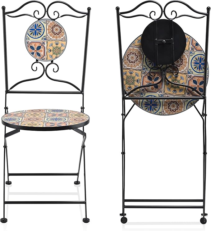 Alpine Corporation Indoor/Outdoor Mediterranean Tile Design Set Table and Chairs Patio Seating