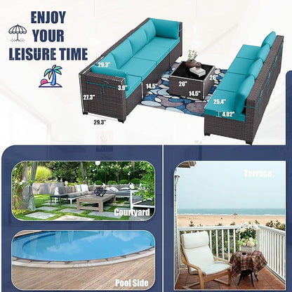 Patio Furniture Set 9-Pieces Outdoor Furniture for Backyard Wicker Sectional Sofa Set, Rattan Patio Conversation Set with Thickened Cushions and Glass Coffee Table, Turquoise