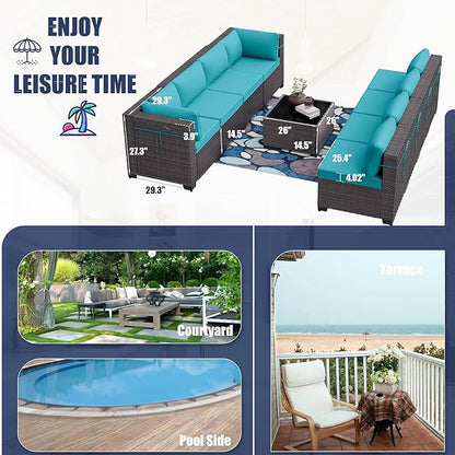 Outdoor Furniture Set 7PCS Patio Furniture for Backyard Wicker Sectional Sofa Set 6 Seats, PE Rattan Outdoor Conversation Set with Thickened Cushions and Glass Coffee Table, Blue