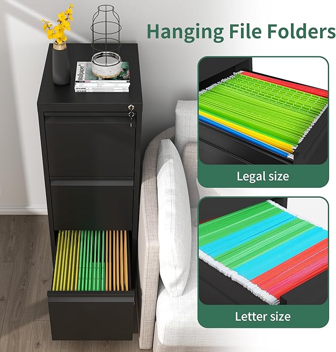 3 Drawer File Cabinet with Lock, Metal Vertical Filing Cabinets for Home Office, Steel Storage Cabinet for Hanging Legal/Letter Size Files, Assembly Required (Black)