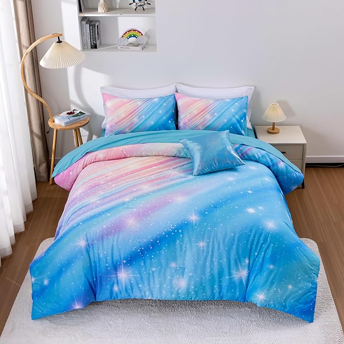 Btargot Super Soft 6 Pieces Gradient Star Ring Comforter Set, Colorful Glitter Rainbow Star Pattern Bedding Set for Boys Girls Teens, Queen Light Blue