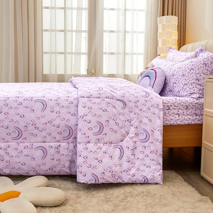 Mooreeke Queen Size Comforter Sets for Girls Kids, 8 Pieces Bed in a Bag Purple Love Heart Rainbow Bedding Comforter Sheet Set with Shams and Decorative Toy Pillow, Ultral Soft Microfiber Kids Bed Set
