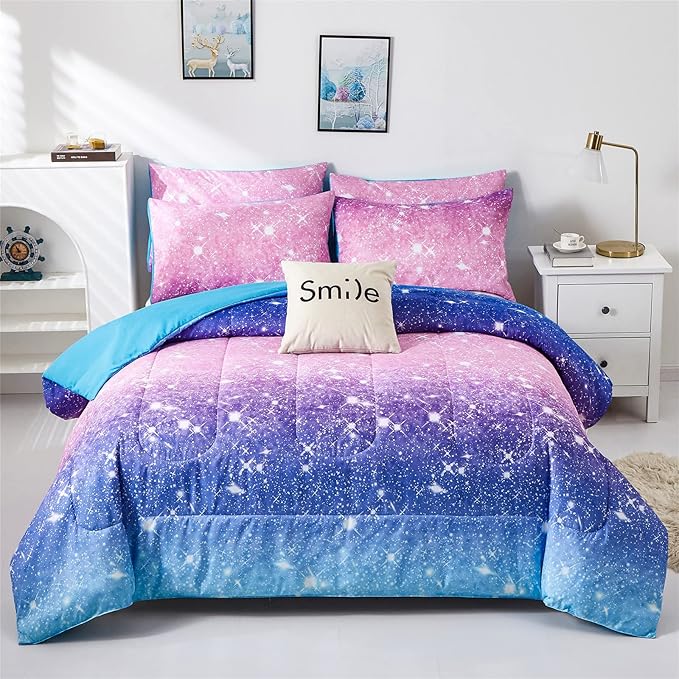 Purple Glitter Comforter Set Full/Queen Size for Girls, Sparkle Galaxy Twinkle for Kids Teen,3 Piece Blue Purple Pink Ombre Pastel Bedding Set 2 Pillow Cases(Purple,Queen),(3-Piece)