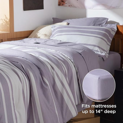 Bedsure Twin XL Comforter Set, Extra Long 5 Pieces Purple Striped Twin XL Bedding Sets, All Season Dorm Room Essentials with 1 Pillow Sham, Flat Sheet, Fitted Sheet and 1 Pillowcase