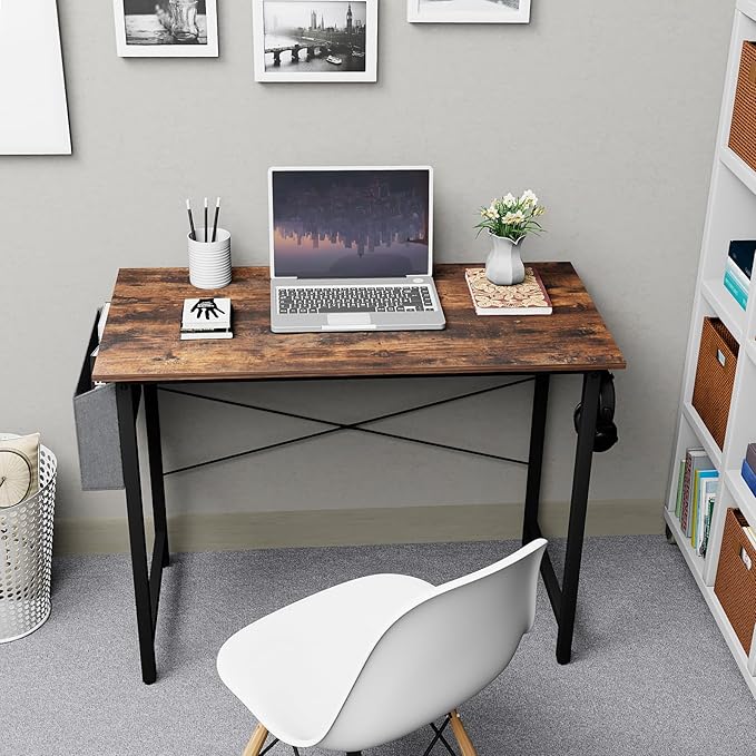 Small Computer Desk, 39 Inch Home Office Desks, Study Workstation PC Laptop Table with Storage Bag, Modern Simple Industrial Style Writing Desks