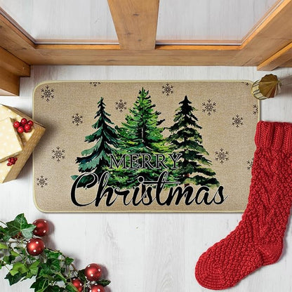 Merry Christmas Door Mat ,Pine Trees Snowflakes Welcome Doormat for Front Door,Non-Slip Winter Xmas Holiday Front Porch Rugs, Indoor Outdoor Entry Doormats Low-Profile Floor Mats,29 x 17 Inch