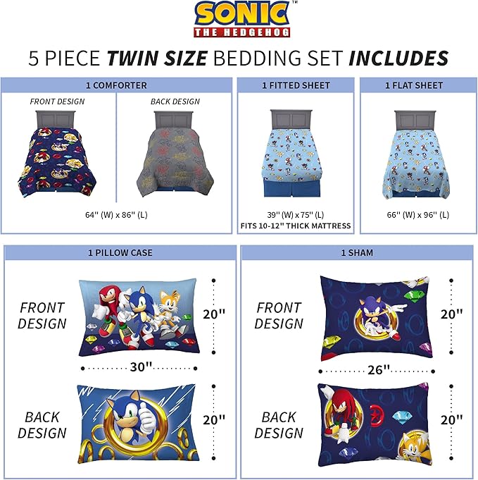 Franco Kids Bedding Super Soft Comforter and Sheet Set with Sham, 5 Piece Twin Size, Sonic The Hedgehog, Anime