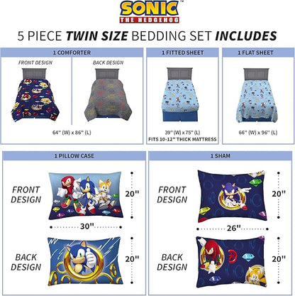 Franco Kids Bedding Super Soft Comforter and Sheet Set with Sham, 5 Piece Twin Size, Sonic The Hedgehog, Anime