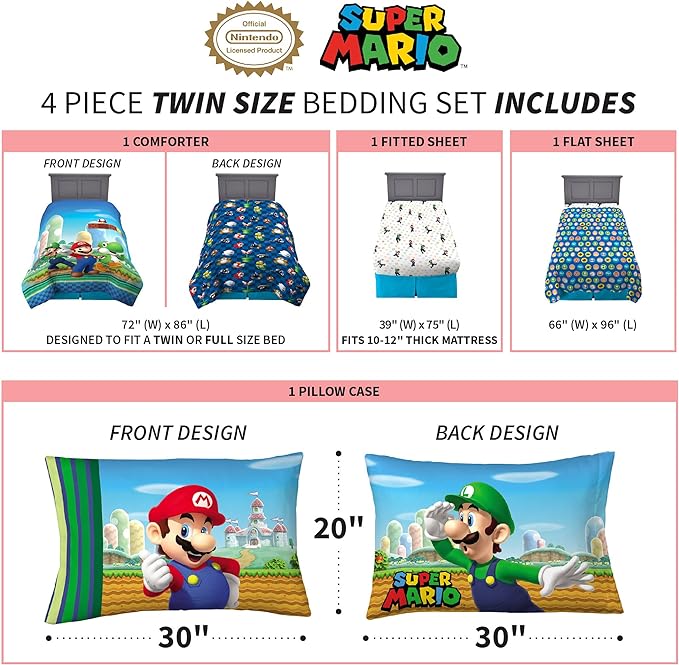 Franco Kids Bedding Super Soft Comforter and Sheet Set, 4 Piece Twin Size, Mario