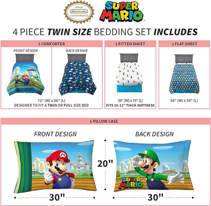 Franco Kids Bedding Super Soft Comforter and Sheet Set, 4 Piece Twin Size, Mario