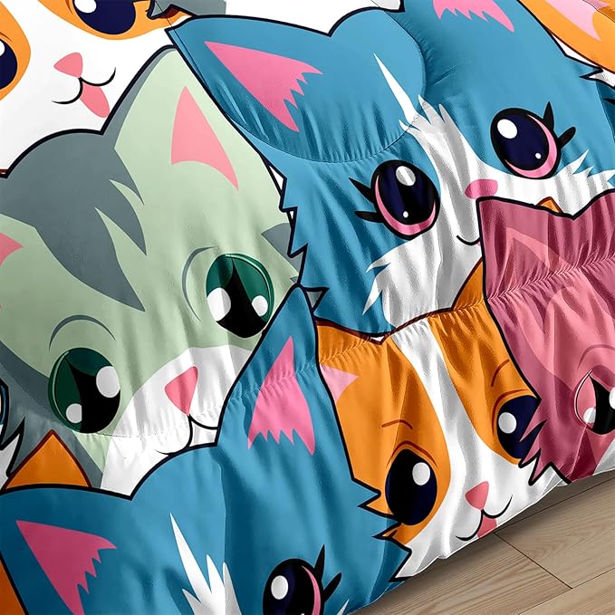 Cat Twin Comforter Set for Girls - Neon Cat Bedding Set for Girls Bedroom Cartoon Cats Twin Bedding Set for Room Ultra Soft Black Neon Cat Quilt and 1 Pillowcase Kids Girls Room Decor, Twin Size