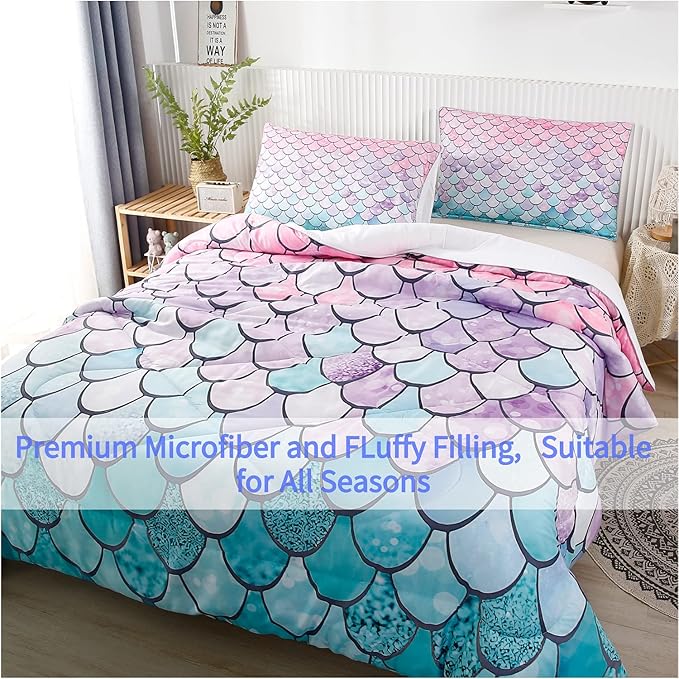RYNGHIPY 3Pcs Colorful Mermaid Scale Print Comforter Bedding Set Full Size, Soft Microfiber Coverlet Set/Bedspread/Quilt Set with Colorful Scale Design (Mermaid,Full)
