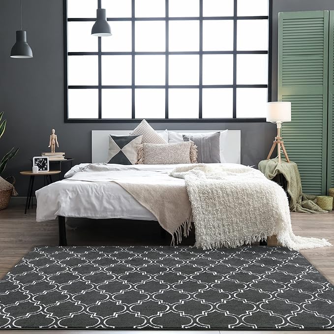 Chicrug Shag Geometric Modern Area Rug for Bedroom, 3x5 Feet Memory Foam Indoor Carpet, Fluffy Rug for Living room Bedside Room Decor for Family Girls Kids Nursery Play Mat, Dark Grey/White