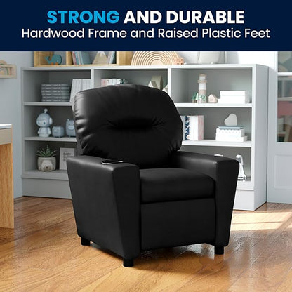 Flash Furniture Chandler LeatherSoft Kids Recliner with Cup Holder and Safety Recline, Contemporary Reclining Chair for Kids, Supports up to 90 lbs., Black