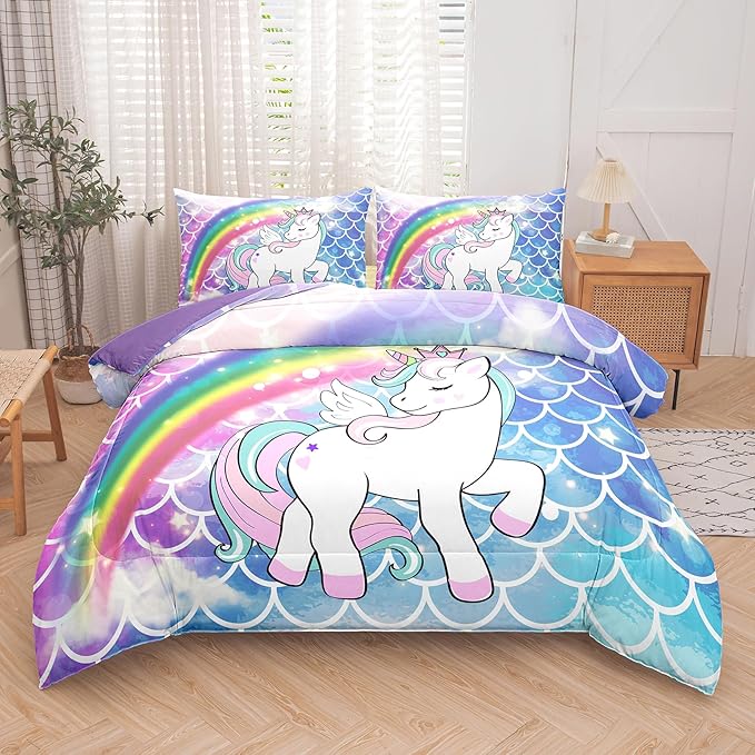 Tailor Shop Unicorn Comforter Sets Twin Size,Blue Unicorn Bedding Sets for Girls Kids Teens with 1 Pillowcase……