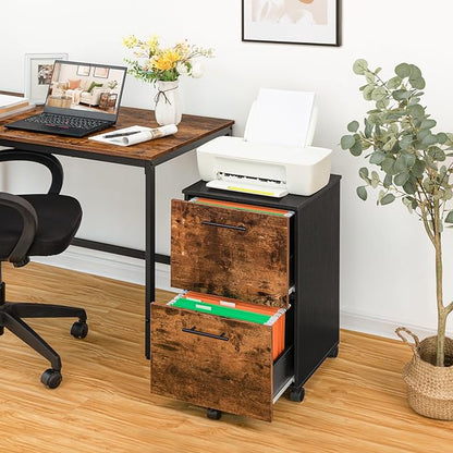 HOOBRO 2 Drawer Mobile File Cabinet, Rolling Printer Stand, Rolling Office Cabinet with 5 Wheels, Wooden Vertical Filing Cabinet fits A4/Letter Size for Home Office, Rustic Brown and Black BF03WJ01G1