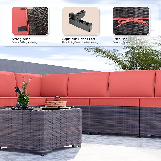 Kullavik 9PCS Outdoor Patio Furniture Set PE Wicker Rattan Sectional Sofa Patio Conversation Sets,Red