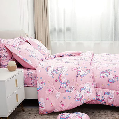 Mooreeke Kids Comforter Bed Set Twin Size for Girls, 6 Pieces Bed in a Bag with Shams, Sheet Set, Pink Unicorn Double Soft Microfiber Kids Comforter Bedding Set