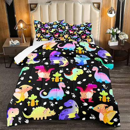 Dinosaur Comforter Set Full Size Cartoon Dinosaur Bedding Set Soft Microfiber Full Dinosaur Quilt Set 3 Piece Cute Dinosaurs Print Comforter Sets for Boys/Girls/Kids/Teens Room Decor