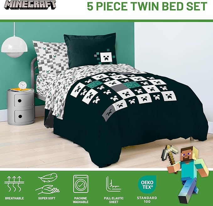 Minecraft Creeper Twin Comforter Set - 5 Piece Gamer Bedding includes Sheet Set & Pillow Covers - Super Soft Checkered Kids Bedding