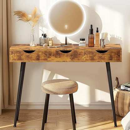 sogesfurniture Mid Century Writing Computer Desk with 3 Drawers, Makeup Vanity Table, 43.3'' Writing Study Desk for Home Office, Dressing Table, Rustic Brown