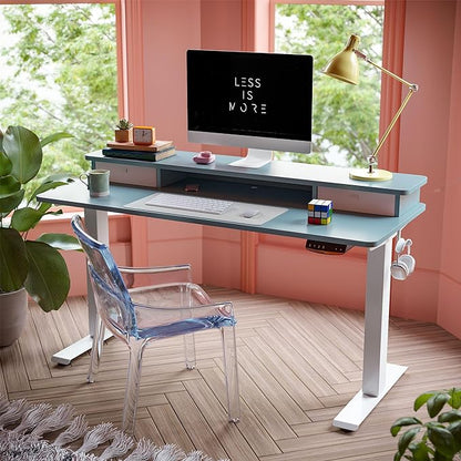 FEZIBO 60 x 24 Inch Height Adjustable Electric Standing Desk with Double Drawer, Stand Up Desk with Storage Shelf, Sit Stand Desk, Blue