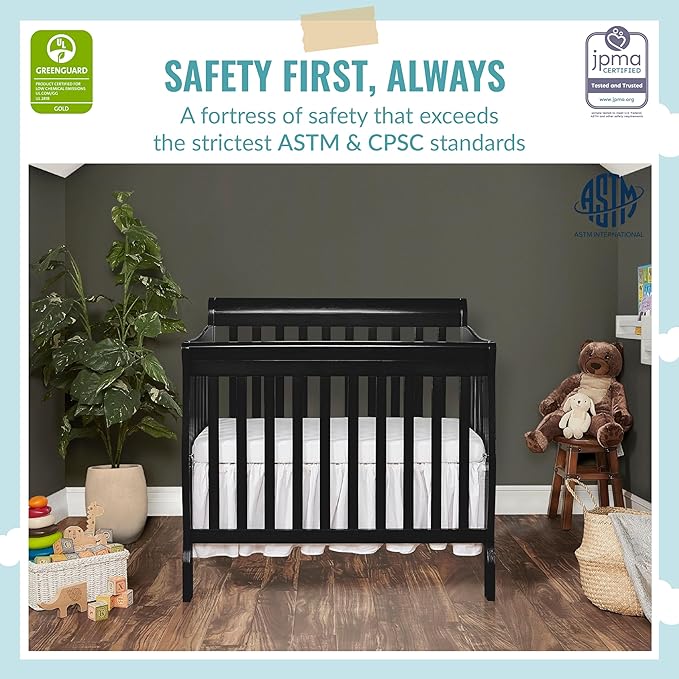 Aden 4-in-1 Convertible Mini Crib In Black, Greenguard Gold Certified, Non-Toxic Finish, New Zealand Pinewood, With 3 Mattress Height Settings