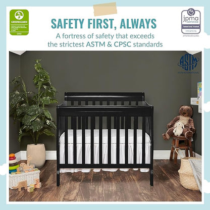 Aden 4-in-1 Convertible Mini Crib in Black, Greenguard Gold Certified, Non-Toxic Finish & Sunset 3” Extra Firm Fiber Crib Mattress, Greenguard Gold Certified