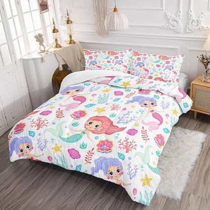 Mermaid Comforter Set Queen Size Fairy Tale Sea Shell Grass Bedding Set Starfish Quilt Bed Set for Kid Girls with 1 Comforter and 2 Pillowcases