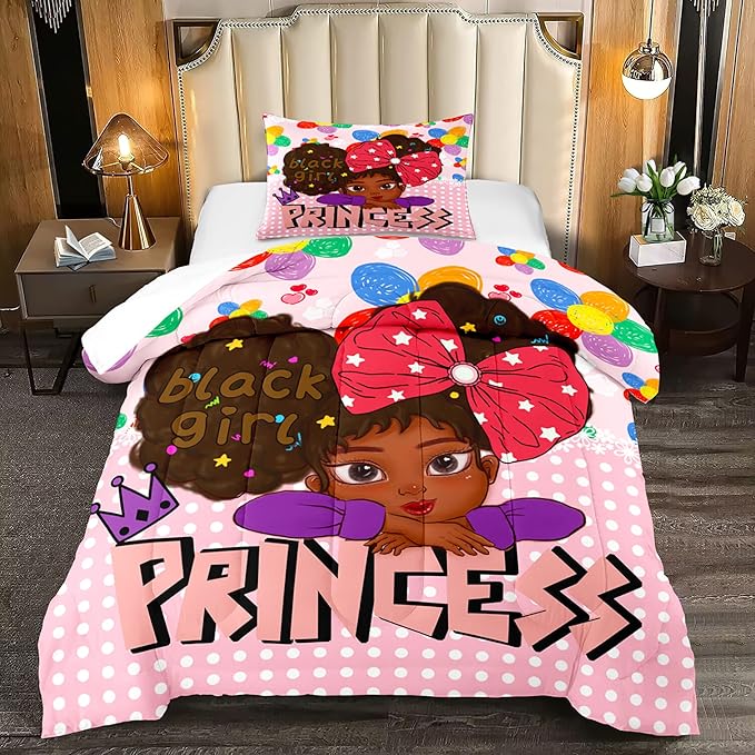 Black Girls Twin Bedding Sets for Girls-Black Girls Twin Comforter Set for Girls, Black Girls Bedding Sets Twin, Pink Princess Twin Bedding Sets for Girls, Twin (1 Comforter 1 Pillowcases)