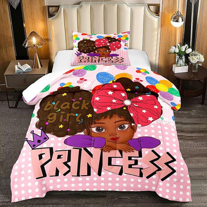 Black Girls Twin Bedding Sets for Girls-Black Girls Twin Comforter Set for Girls, Black Girls Bedding Sets Twin, Pink Princess Twin Bedding Sets for Girls, Twin (1 Comforter 1 Pillowcases)