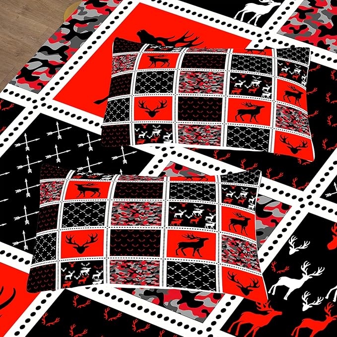 Tailor Shop Deer Comforter Sets for Kids Boys Teens Camo Comforter Sets King Red and Black Bedding Set Room Decor with 2 Pillowcase