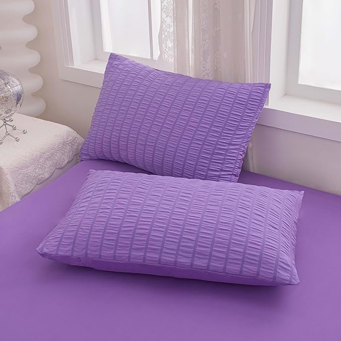 Seersucker Purple Queen Size Comforter Sets for Girls Women Boho Purple Seersucker Bedding Set & Collections 5 Pieces-Soft Lightweight Microfiber Bed Set for All Season,Queen 90''x90''…