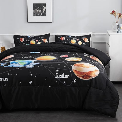 Twin Bedding Sets for Boys Girls Solar System Comforter Set Outer Space Bedding Set 3 Pieces 1 Space Comforter Twin and 2 Pillow Cases Kids Ultra-Soft Microfiber All Seasons for Bedroom Sofa