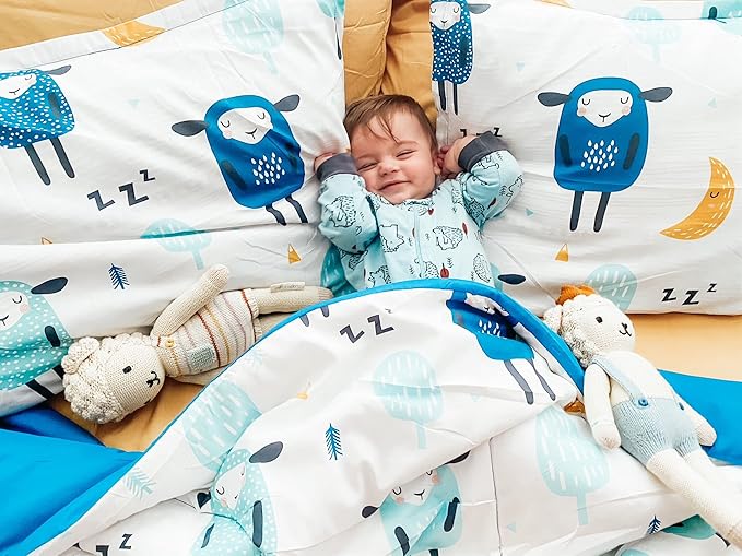 SLEEP ZONE Kids Bedding Comforter Set Full/Queen Size - Super Cute & Soft Kids Bedding 7 Pieces Set with Comforter, Sheet, Pillowcase & Sham (Blue Sheep)