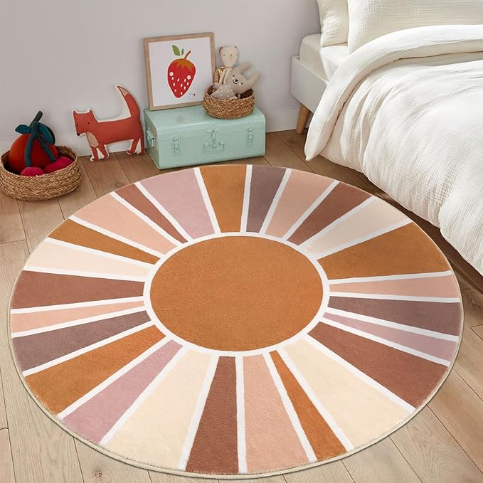 Topotdor Sun Rainbow Round Rug 4ft Boho Kids Nursery Rug, Colorful Washable Area Rug Ultra Soft Circle Classroom Rug Non-Slip for Bedroom Living Room Playroom Decor, Orange