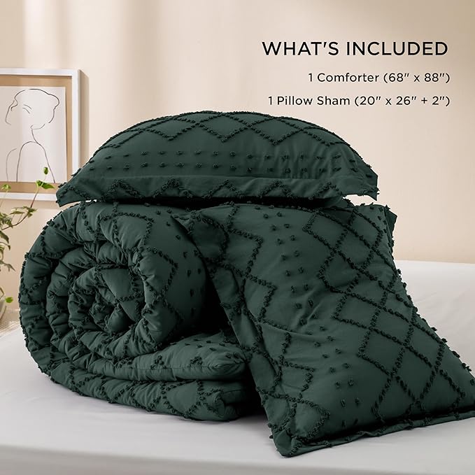 Bedsure Twin/Twin XL Comforter Set - Forest Green Boho Twin Extra Long Comforter Set for College, Shabby Chic Dorm Bedding Set, 2 Pieces Modern Farmhouse Bed Set, includes 1 Pillow Sham