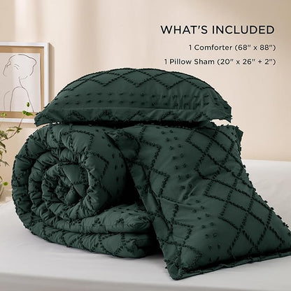 Bedsure Twin/Twin XL Comforter Set - Forest Green Boho Twin Extra Long Comforter Set for College, Shabby Chic Dorm Bedding Set, 2 Pieces Modern Farmhouse Bed Set, includes 1 Pillow Sham