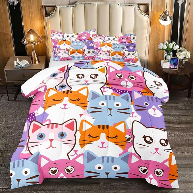 Cat Comforter Set Queen Size - 3Pcs Colorful Cat Bedding Set for Boys Girls Teens Cute Animals Themed Bedding Set Warm Ultra Soft Cartoon Cat Quilt Cover with 2 Pillowcases for Kids Room Decor