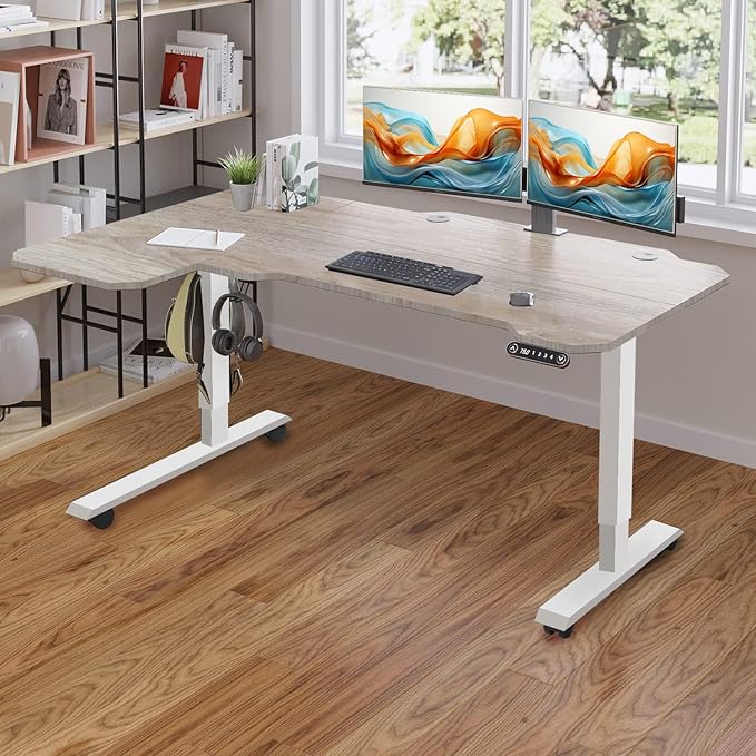 Adjustable Height L-Shaped Electric 59 Inch Sit-Stand Computer Desk with 3 Splice Boards, Lockable Casters-Ideal for Home Office, 59Inch, Oak