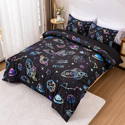 Aimuan Space Comforter Twin Set Kids Rocket Bedding Set Super Soft & Cute Aliens UFO Printed for Boys Girls Teen (Black, Twin 5Pcs)