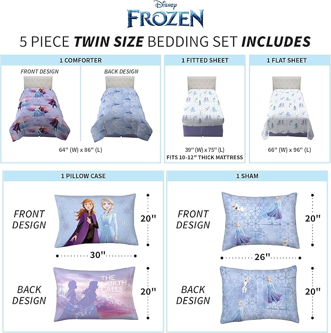 Disney Frozen 2 Kids Bedding Super Soft Comforter and Sheet Set with Sham, 5 Piece Twin Size, "Official" Disney Product By Franco