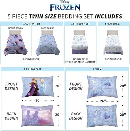 Disney Frozen 2 Kids Bedding Super Soft Comforter and Sheet Set with Sham, 5 Piece Twin Size, "Official" Disney Product By Franco