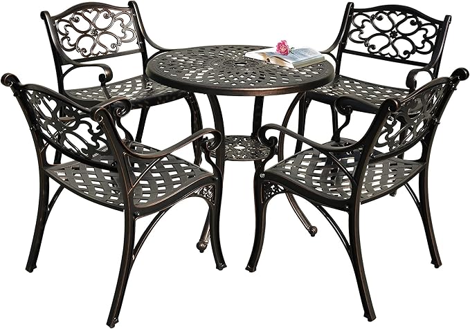 DWVO 5 Piece Outdoor Furniture Cast Aluminum Patio Dining Sets, All-Weather Patio Bistro Sets with 4 Chairs, 30 Inches Round Table with Umbrella Hole, Adjustable Feet for Balcony Backyard Deck Garden