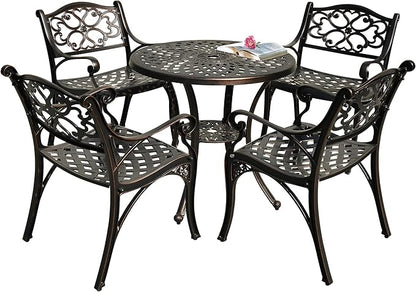 DWVO 5 Piece Outdoor Furniture Cast Aluminum Patio Dining Sets, All-Weather Patio Bistro Sets with 4 Chairs, 30 Inches Round Table with Umbrella Hole, Adjustable Feet for Balcony Backyard Deck Garden