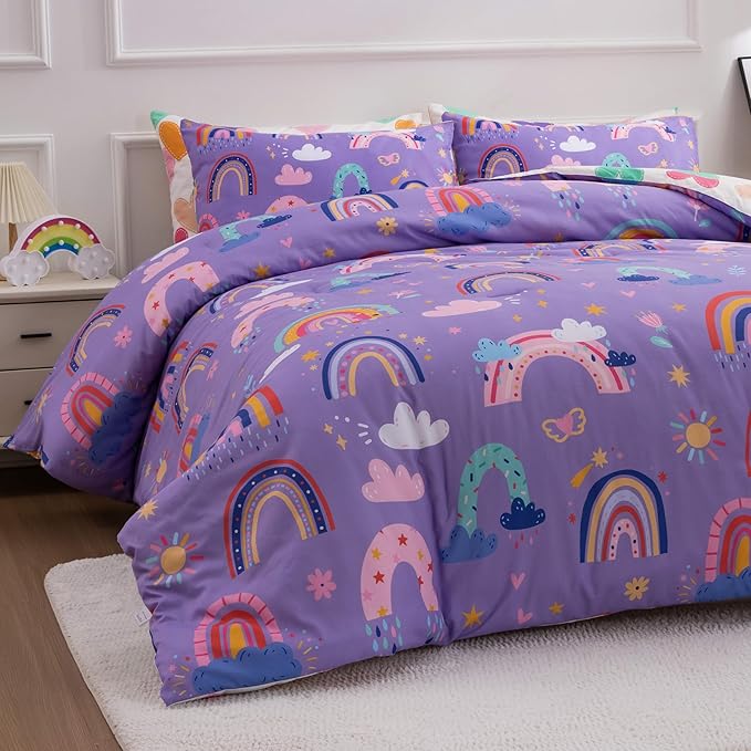 Btargot Lightweight Soft 3 Piece Rainbow Comforter Set with 2 Pillow Covers, Cartoon Love Hearts Flowers and Sun Star Bedding Set for Girls Boys Kids, Queen Dark Purple
