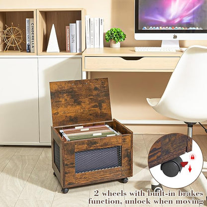Rolling File Cabinet Cart, Hanging File Organizer Box with Lid for Home Office, Small Filing Cabinet on Wheels Under Desk, Mobile Decorative Document Storage Basket for Letter & Legal Size