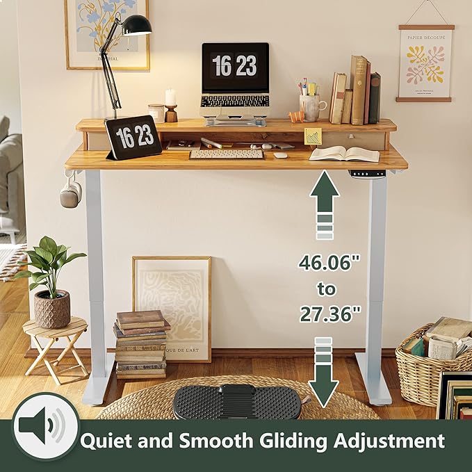 FEZIBO 55 x 24 Inch Height Adjustable Electric Standing Desk with Double Drawer, Stand Up Desk with Storage Shelf, Sit Stand Desk, Light Rustic
