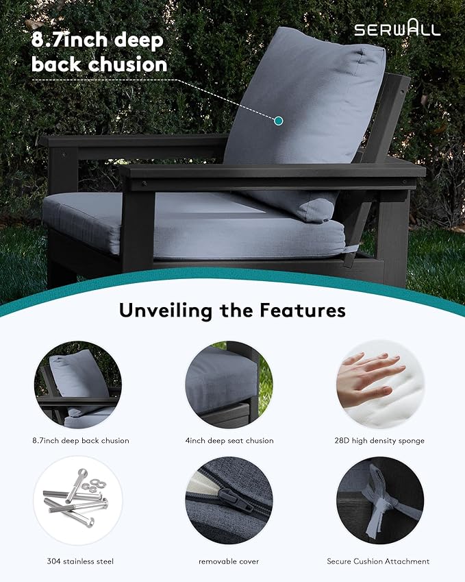 SERWALL HDPE Patio Coversation Set, 7-piece Outdoor Sectional Sofa Set, All Weather Patio Couch Set Patio Furniture for Balcony, Deck, Black Frame with Grey Cushion