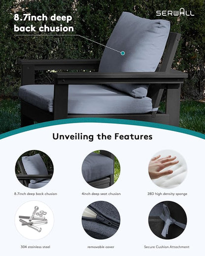SERWALL HDPE Patio Coversation Set, 7-piece Outdoor Sectional Sofa Set, All Weather Patio Couch Set Patio Furniture for Balcony, Deck, Black Frame with Grey Cushion